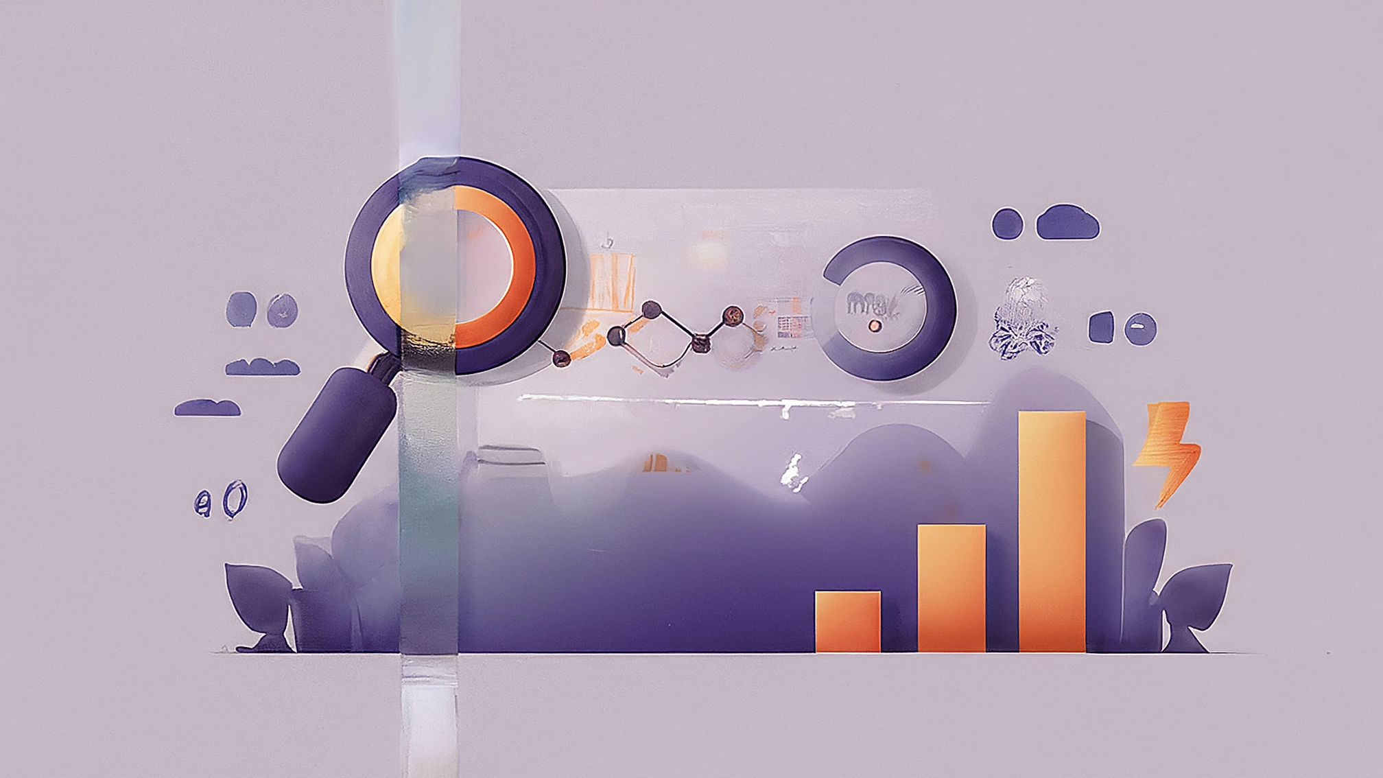 Clean illustration showing market analysis, abstract analysis elements, purple gradient colors